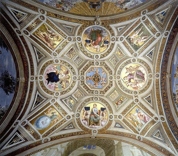 라파엘로, 서명의 방 천장화, 신학, 법학, 철학, 시학(위에서부터 시계방향), 1509-1511